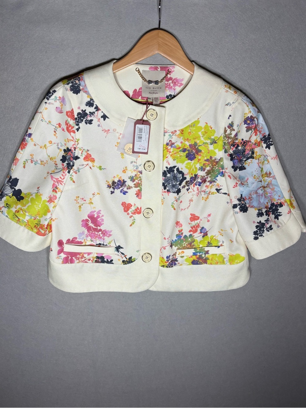 Ted Baker Cream Floral Cropped Blazer with Multicolor Blooms